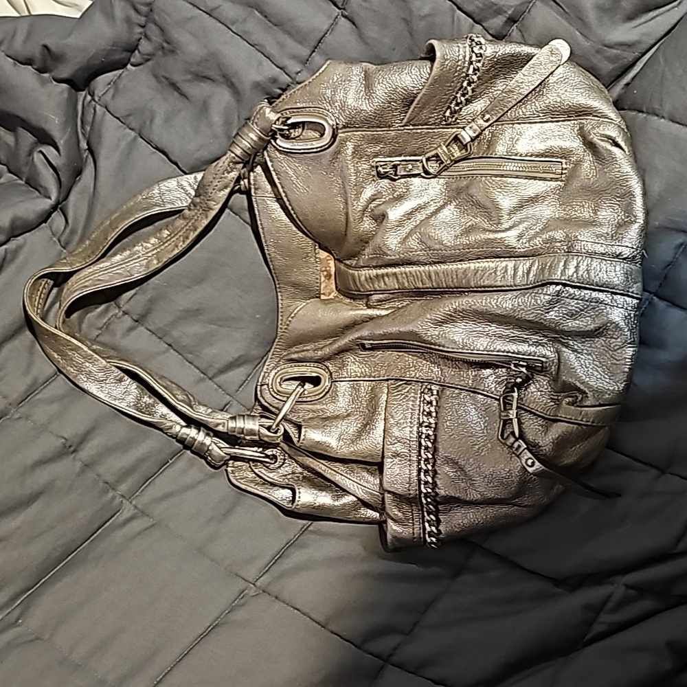 B Makowsky silver metallic leather shoulder bag